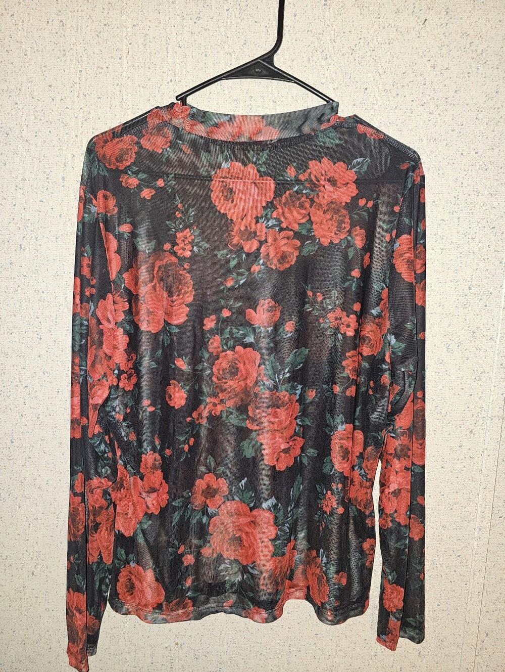 Sheer Black Floral Long Sleeve Top with Red Roses